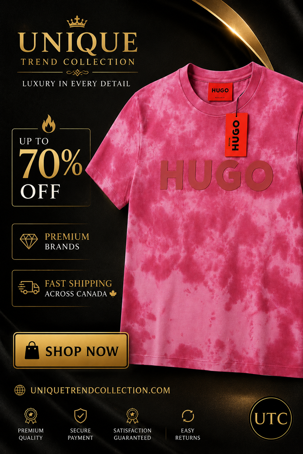 💖✨ HUGO Men's Premium Pink Tie-Dye T-Shirt 👕 | 🌸 Soft Cotton Crew Neck | 💎 Luxury Everyday Style | 🇨🇦 Fast Shipping