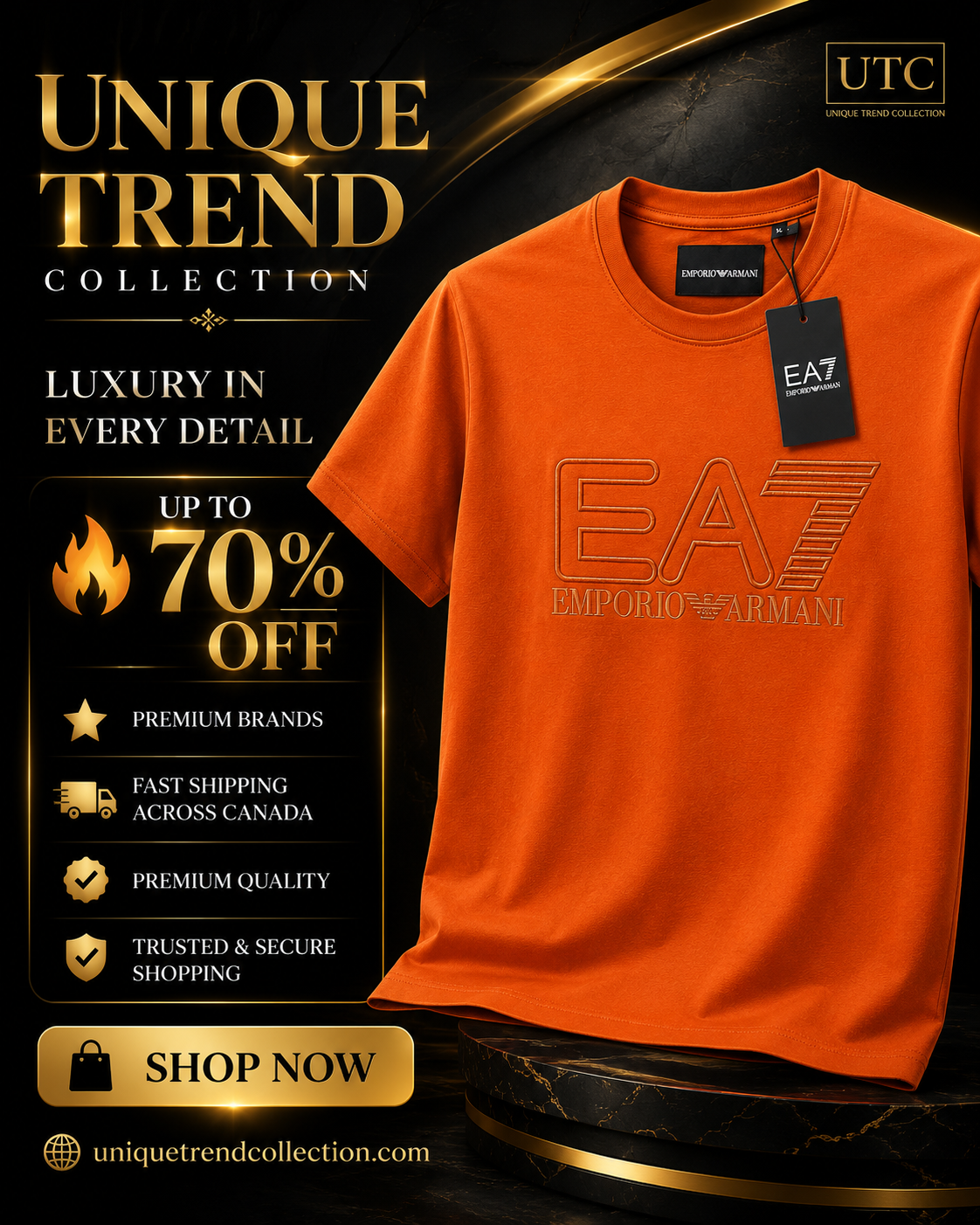 🧡 EA7 Emporio Armani Men's Premium Logo T-Shirt | Orange Cotton Crew Neck