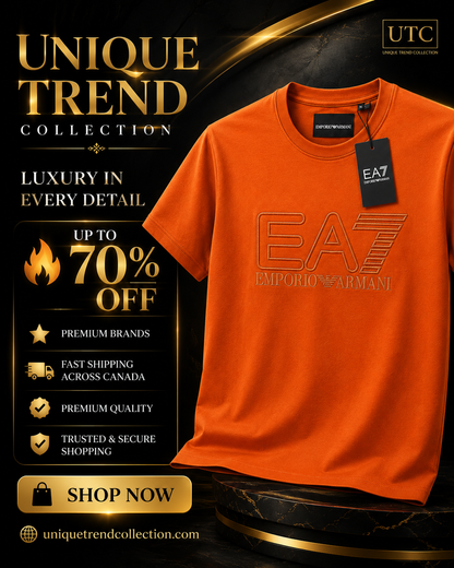🧡 EA7 Emporio Armani Men's Premium Logo T-Shirt | Orange Cotton Crew Neck