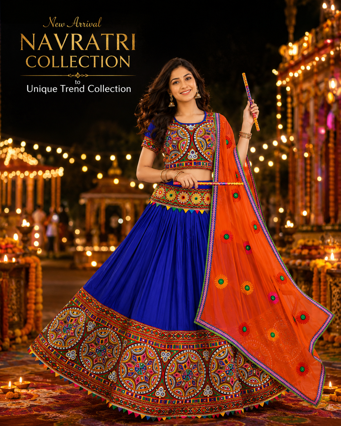 Women’s Royal Blue & Orange Navratri Garba Chaniya Choli Set – 3 Piece