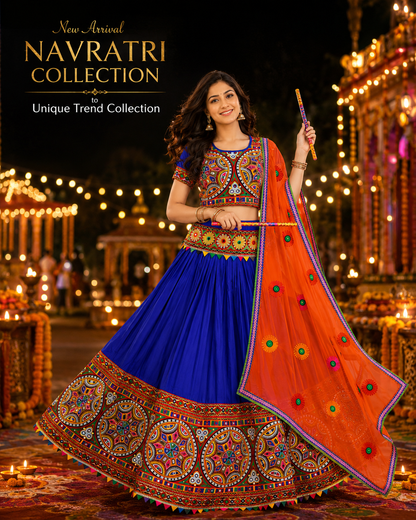 Women’s Royal Blue & Orange Navratri Garba Chaniya Choli Set – 3 Piece