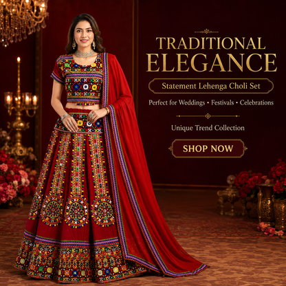 Women’s Red Multicolor Embroidered Chaniya Choli – Navratri Garba Lehenga Set
