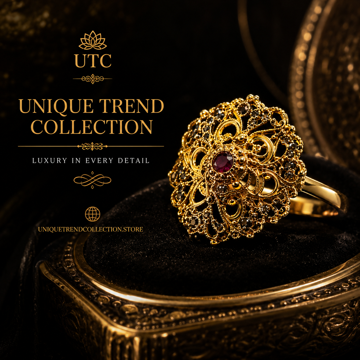 Traditional Indian Filigree Gold-Tone Floral Ring | Ruby Accent Statement Ring