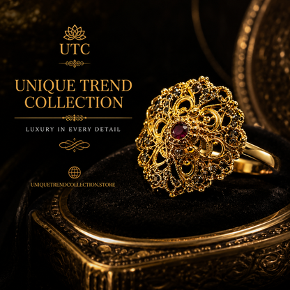 Traditional Indian Filigree Gold-Tone Floral Ring | Ruby Accent Statement Ring