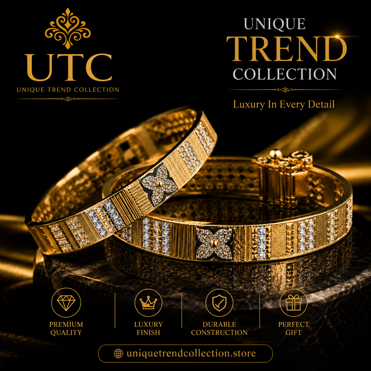 ✨ Traditional Indian Gold-Tone Designer Bangle Set | Floral Crystal Women's Kada (Pair)