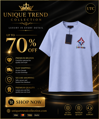 🩵 Louis Vuitton Men's Premium Sky Blue Logo T-Shirt 👕✨ | Luxury Cotton Crew Neck | 100% Authentic
