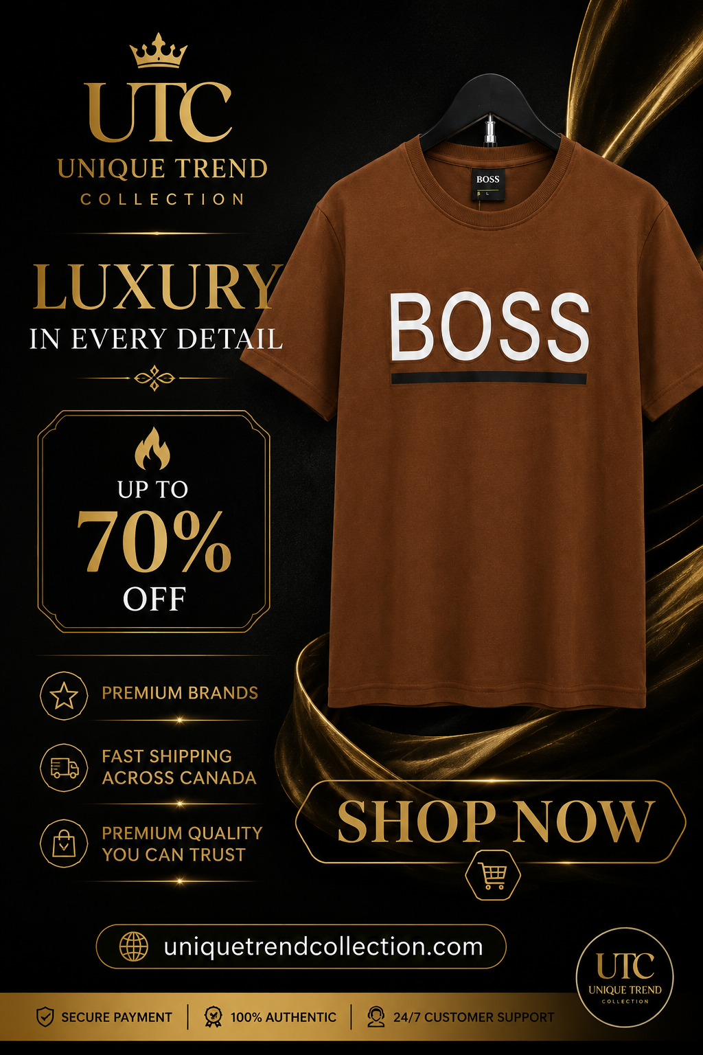 BOSS Men’s Brown Logo T-Shirt | Premium Short Sleeve Crew Neck Tee