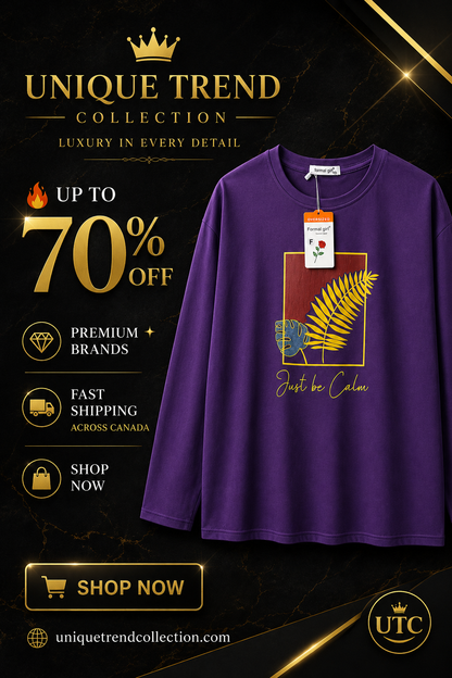 Women's Premium Oversized Long Sleeve Graphic Cotton T-Shirt – Purple | Just Be Calm Casual Crew Neck Tee