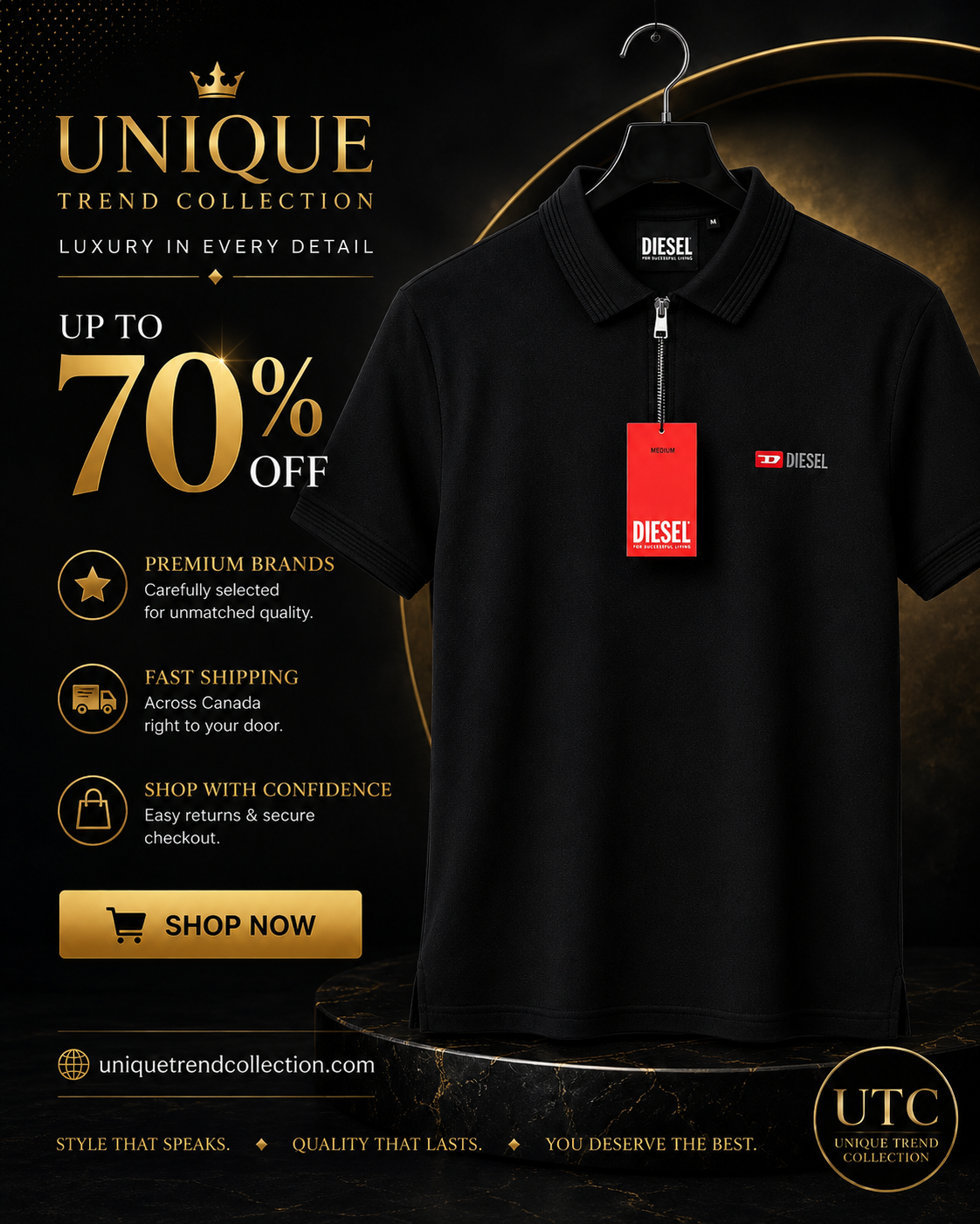 Diesel Men's Premium Black Zip Polo Shirt | Short Sleeve Cotton Polo | Designer Casual Wear