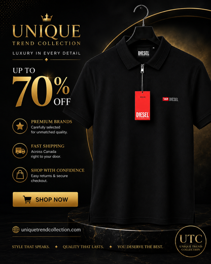 Diesel Men's Premium Black Zip Polo Shirt | Short Sleeve Cotton Polo | Designer Casual Wear