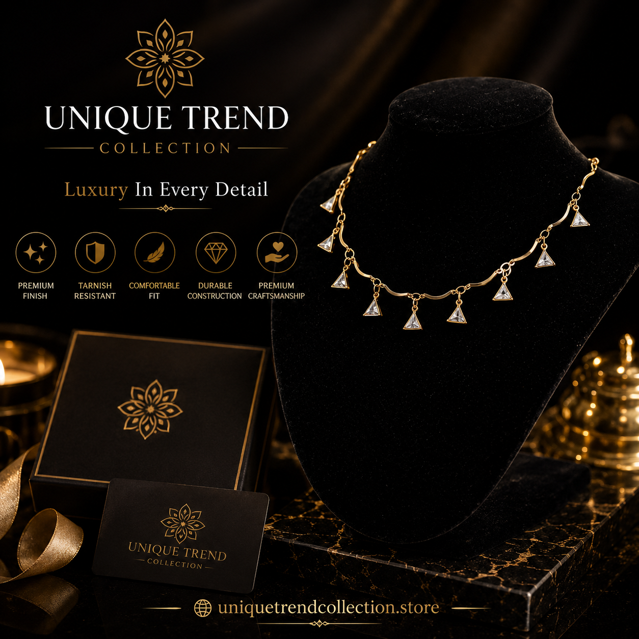 ✨ Dainty Triangle Crystal Necklace for Women | Gold Plated Adjustable Pendant Jewelry Gift 💎