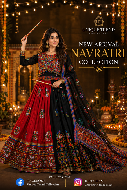 Women’s Red & Black Multicolour Navratri Garba Chaniya Choli Set – 3 Piece
