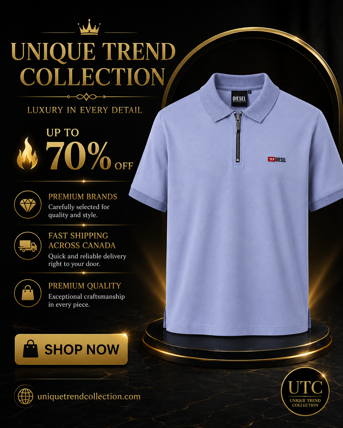 Diesel Men's Premium Light Blue Zip Polo Shirt | Soft Cotton Short Sleeve Casual Polo