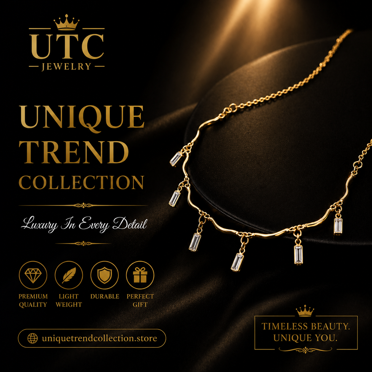 ✨ Gold Crystal Dangle Charm Necklace – Elegant Luxury Fashion Jewelry for Women