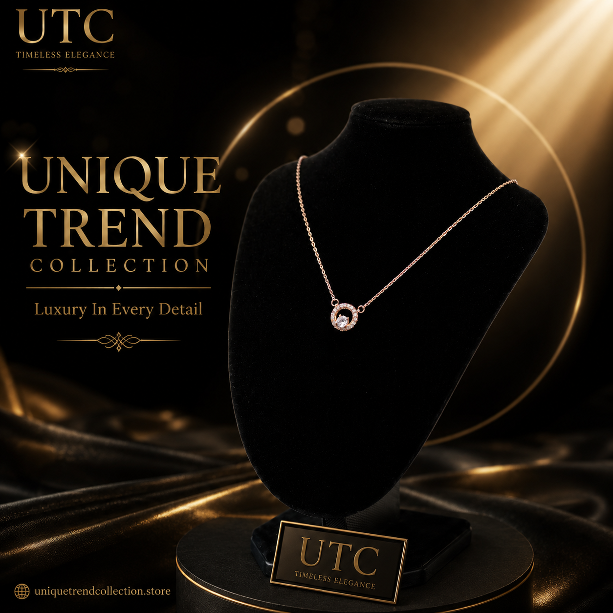 ✨ UTC Luxury Rose Gold Crystal Circle Pendant Necklace for Women ✨
