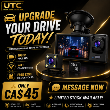 4G WiFi GPS 3-Channel Dash Cam | Front + Cabin + Rear | FREE 32GB Memory Card | Full HD 1080P