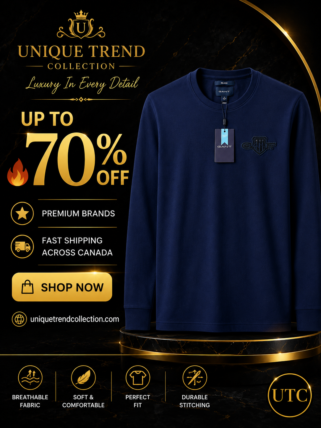 💙✨ GANT Men's Premium Navy Long Sleeve T-Shirt 👕 | 100% Soft Cotton Crew Neck | Luxury Casual Everyday Wear