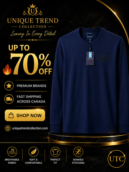 💙✨ GANT Men's Premium Navy Long Sleeve T-Shirt 👕 | 100% Soft Cotton Crew Neck | Luxury Casual Everyday Wear