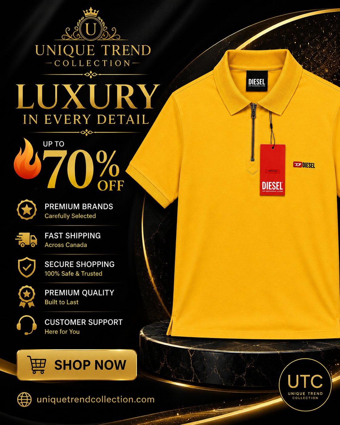 🔥 Diesel Men's Premium Yellow Zip Polo Shirt | Luxury Cotton Casual Golf Polo 👕💛
