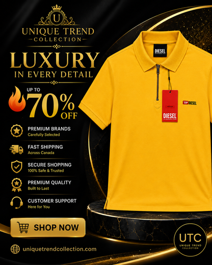 🔥 Diesel Men's Premium Yellow Zip Polo Shirt | Luxury Cotton Casual Golf Polo 👕💛