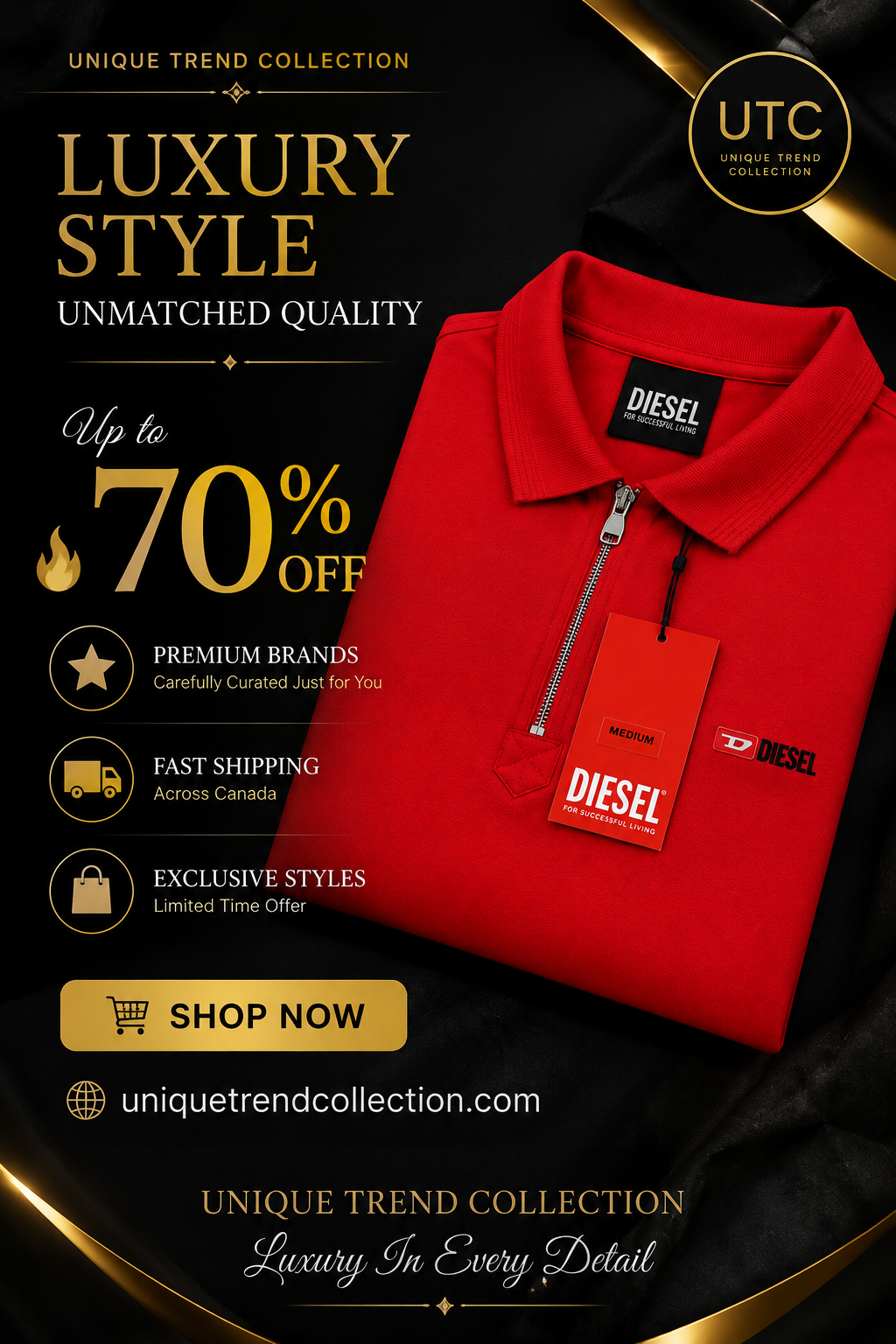 🔥 Diesel Men's Premium Red Quarter-Zip Polo Shirt | Luxury Cotton Casual Golf Polo ❤️👔