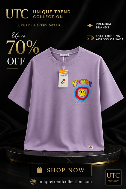 Formal Girl Women’s Oversized Lavender Graphic T-Shirt – Smiley Print Casual Tee
