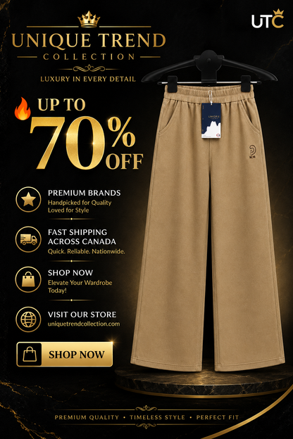 LIMORE Women's Beige Wide-Leg Pants – High-Waist Elastic Casual Trousers