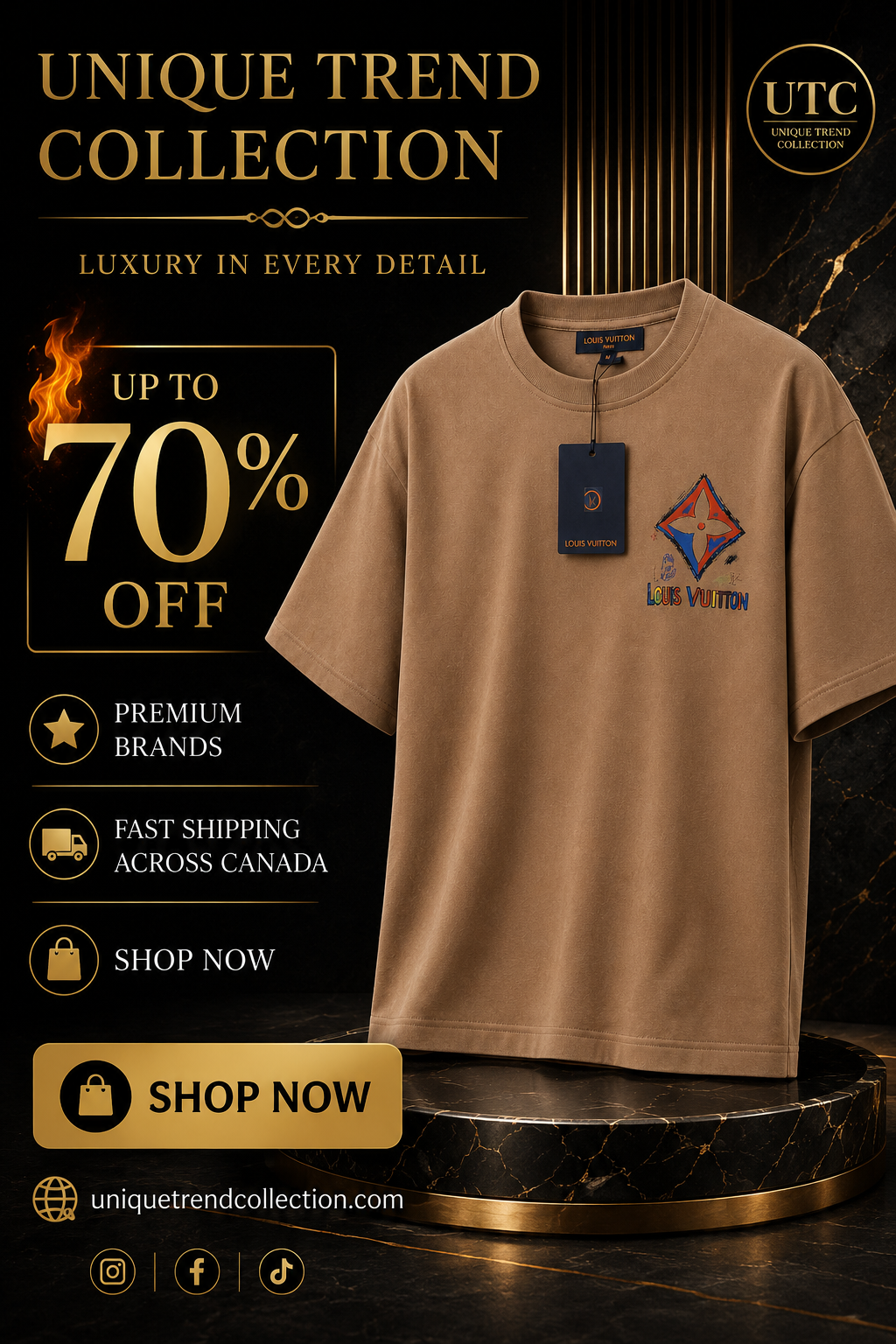 Louis Vuitton Men's Premium Cotton Short Sleeve T-Shirt | Luxury Casual Crew Neck | Camel Brown