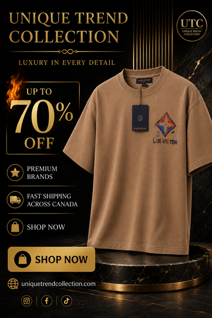 Louis Vuitton Men's Premium Cotton Short Sleeve T-Shirt | Luxury Casual Crew Neck | Camel Brown