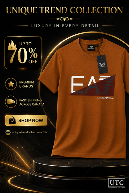 🤎 EA7 Emporio Armani Men's Premium Graphic Logo T-Shirt | Brown Cotton Crew Neck