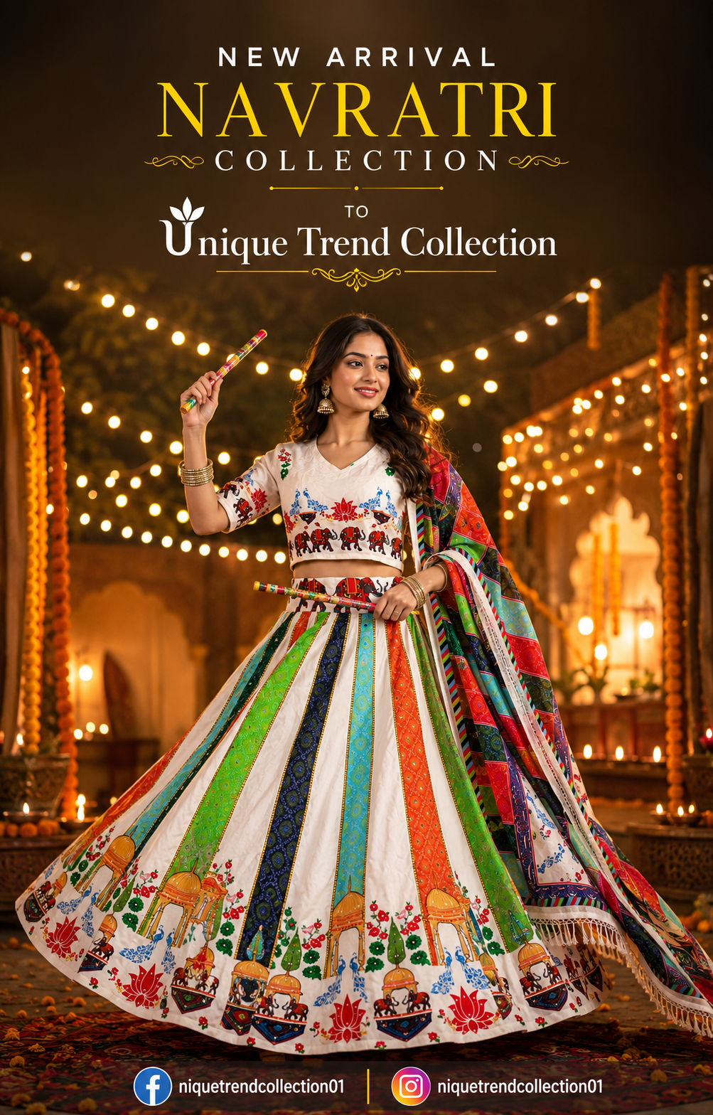 Women’s White Multicolour Navratri Garba Chaniya Choli Set – 3 Piece
