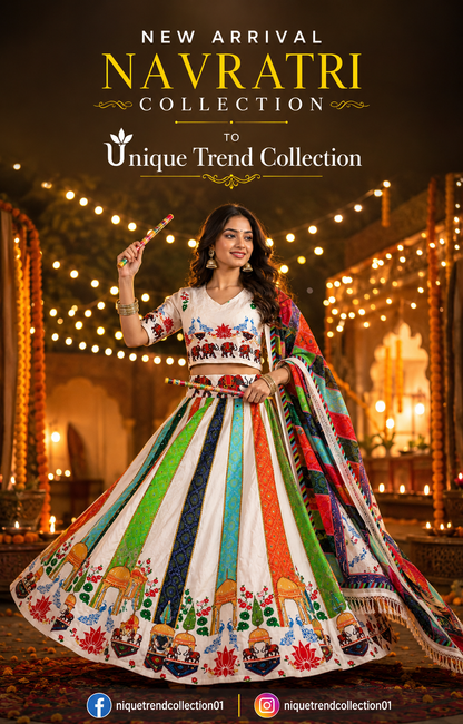 Women’s White Multicolour Navratri Garba Chaniya Choli Set – 3 Piece