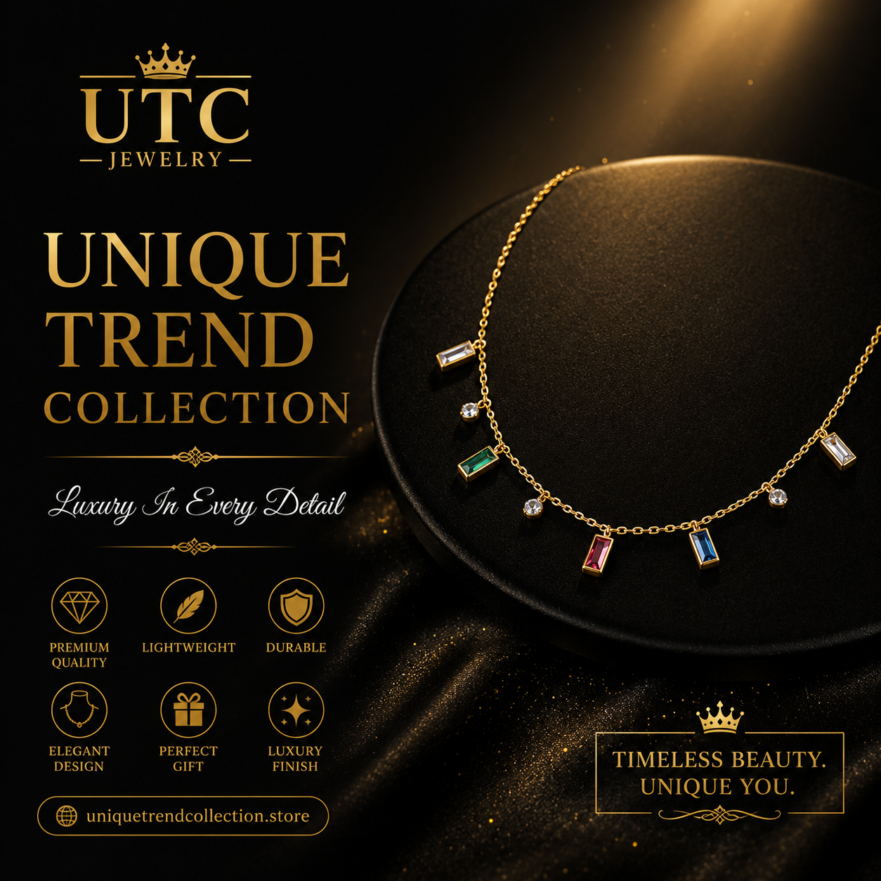 ✨ Luxury Multicolor Crystal Charm Necklace – Gold Plated Dainty Pendant Necklace for Women ✨