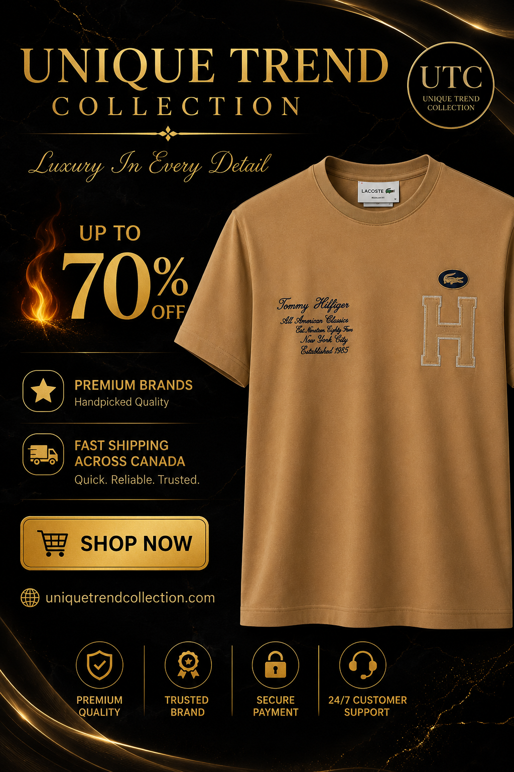Tommy Hilfiger Men's Premium Camel Crew Neck T-Shirt | Short Sleeve Cotton Designer Tee