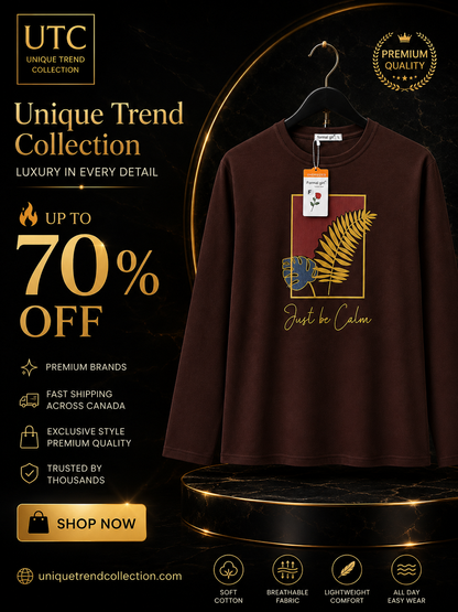 Formal Girl Women’s Oversized Chocolate Brown Long Sleeve Graphic T-Shirt – Just Be Calm