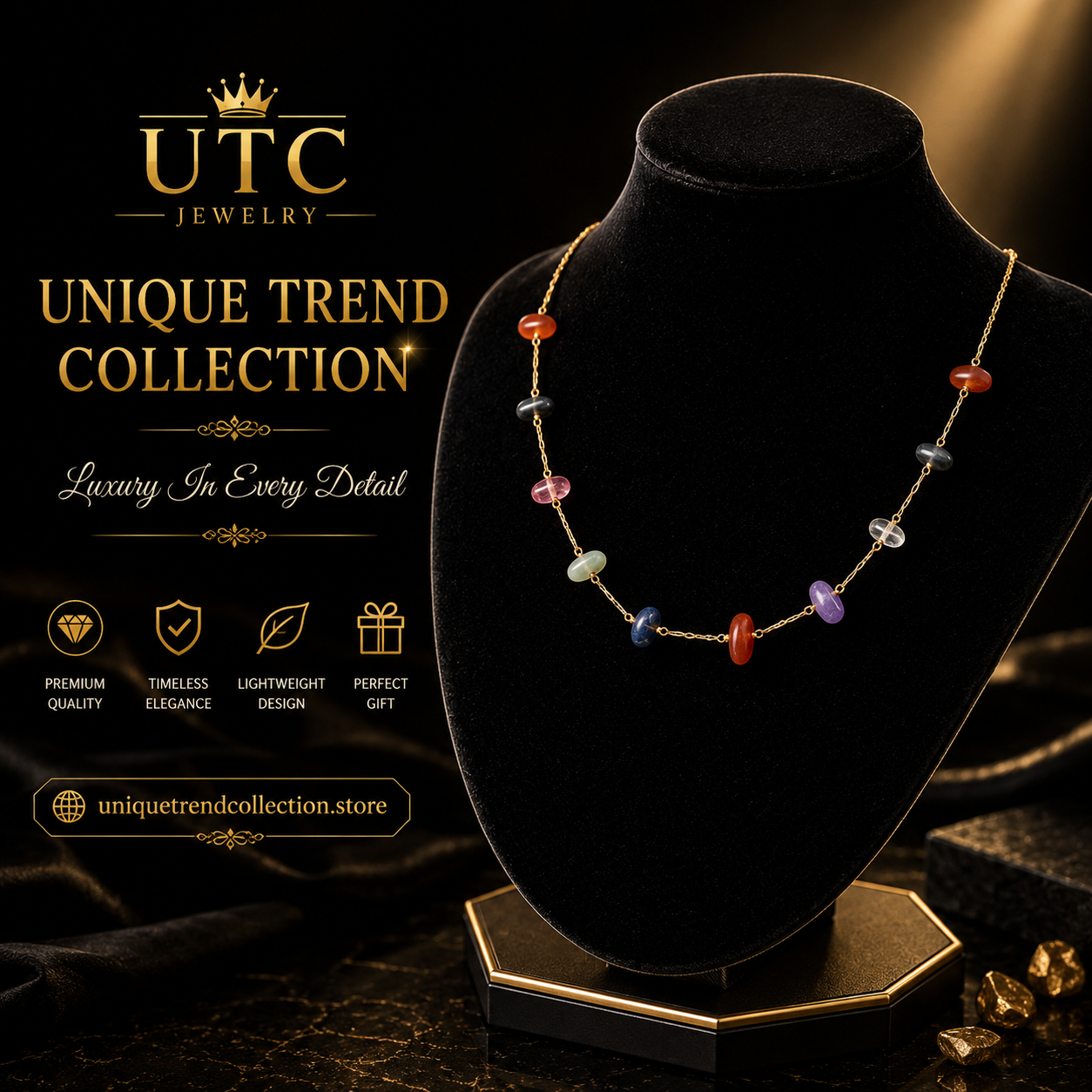 ✨ Rainbow Gemstone Necklace for Women | Gold-Tone Crystal Beaded Necklace | Elegant Gift for Her | UTC Jewelry