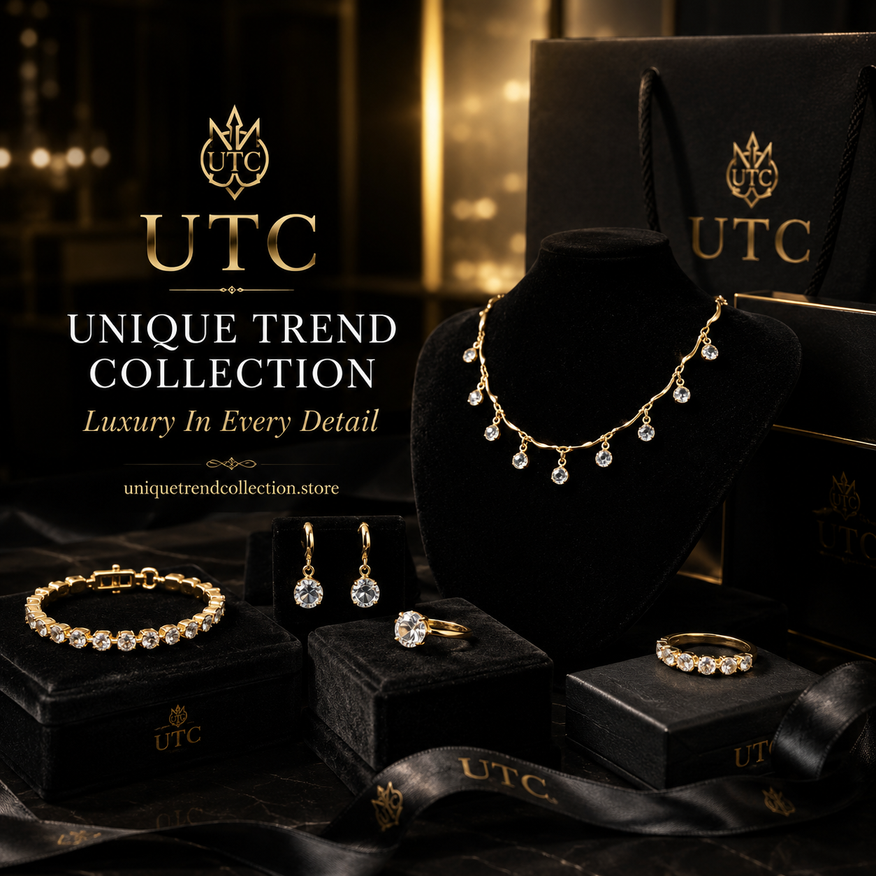 ✨ UTC Luxury Crystal Drop Necklace for Women | Elegant Gold-Tone Adjustable Jewelry ✨