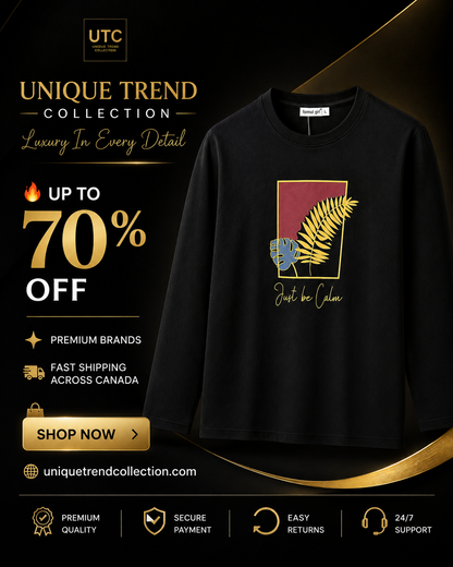 Women’s Premium Black “Just Be Calm” Graphic Long-Sleeve T-Shirt | Botanical Casual Top