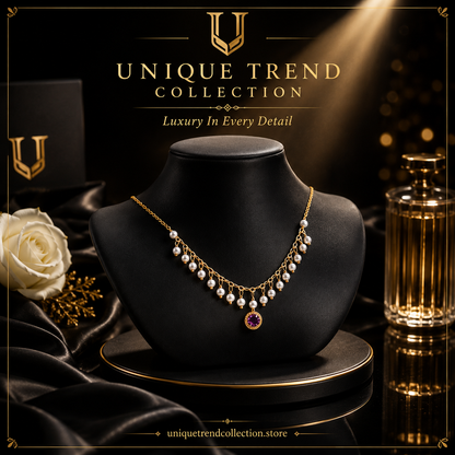 👑 Luxury Gold Pearl & Purple Crystal Necklace & Earrings Set for Women | Elegant Designer Jewelry Gift ✨