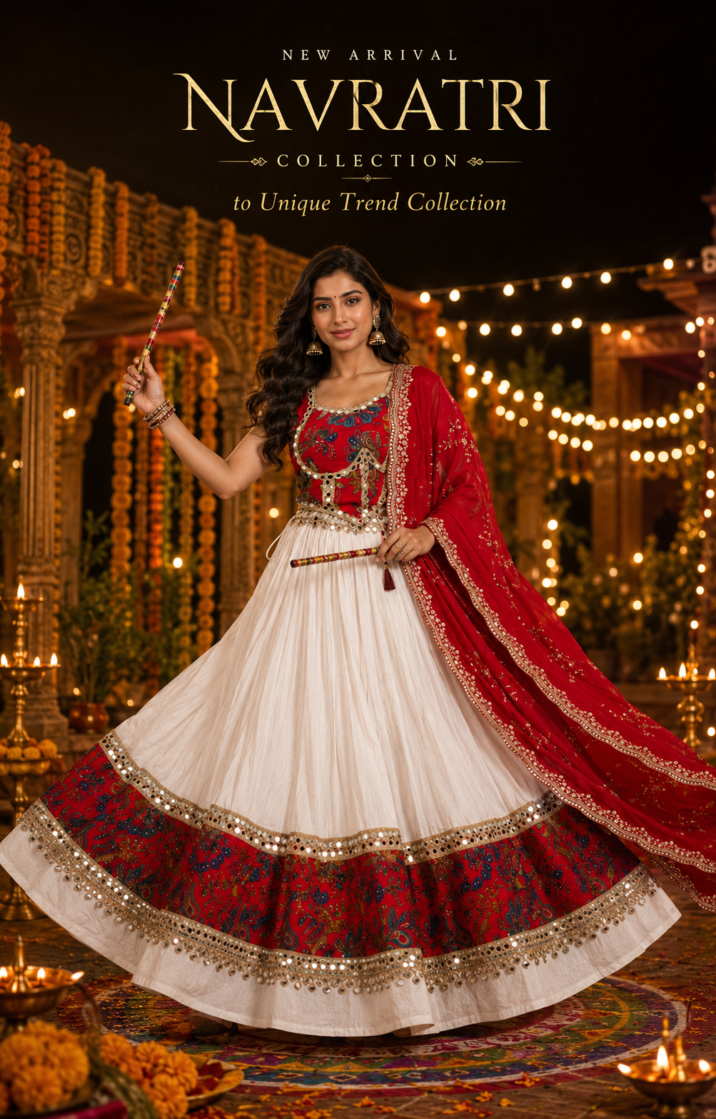 Women’s Red & White Navratri Lehenga Choli Set with Red Dupatta – 3 Piece