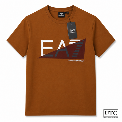 🤎 EA7 Emporio Armani Men's Premium Graphic Logo T-Shirt | Brown Cotton Crew Neck