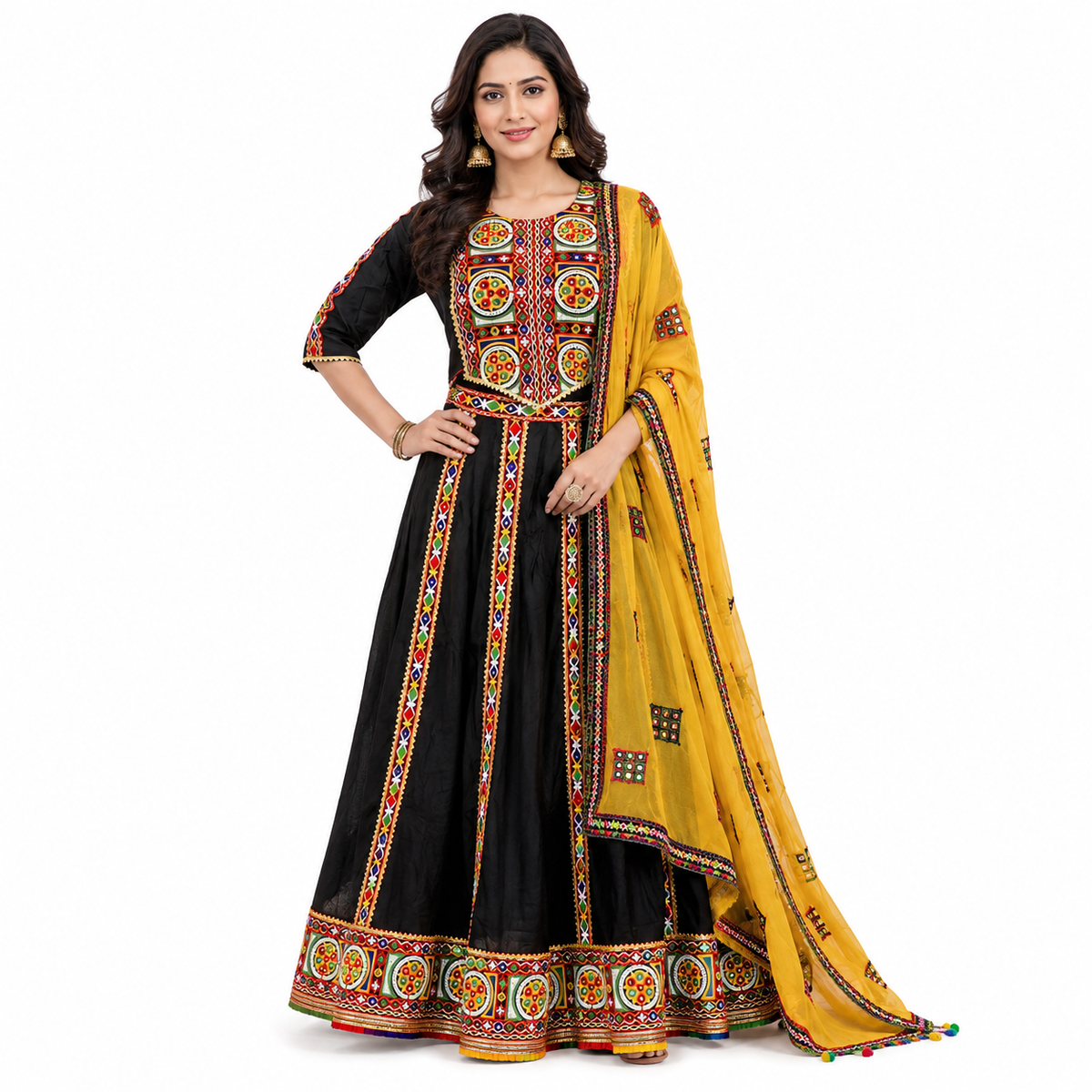 Women’s Black & Yellow Embroidered Chaniya Choli Set – Navratri Garba Lehenga