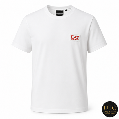 EA7 Emporio Armani Men's Logo T-Shirt – White | Premium Cotton Crew Neck | Designer Tee