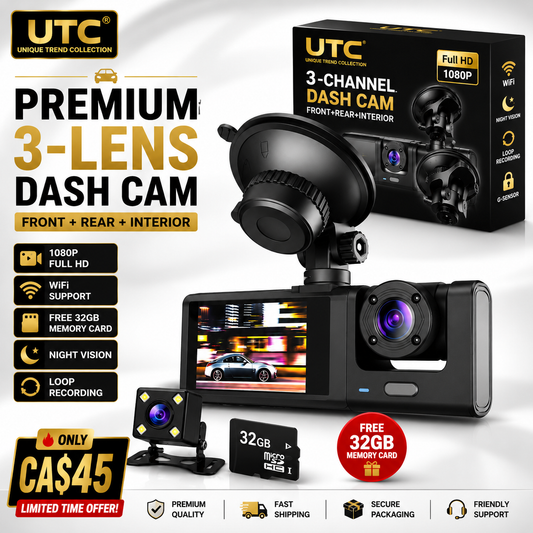 4G WiFi GPS 3-Channel Dash Cam | Front + Cabin + Rear | FREE 32GB Memory Card | Full HD 1080P