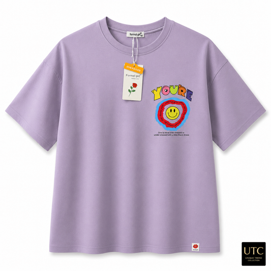 Formal Girl Women’s Oversized Lavender Graphic T-Shirt – Smiley Print Casual Tee