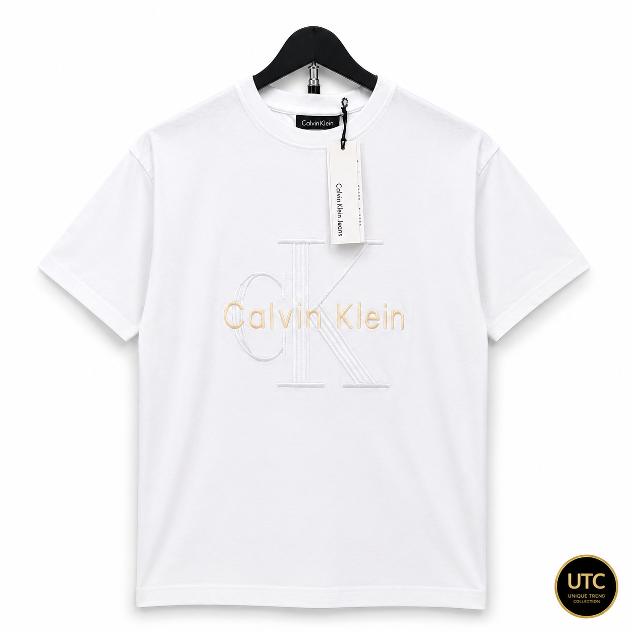 🤍 Calvin Klein Men's Premium Embossed Logo T-Shirt | White Cotton Crew Neck