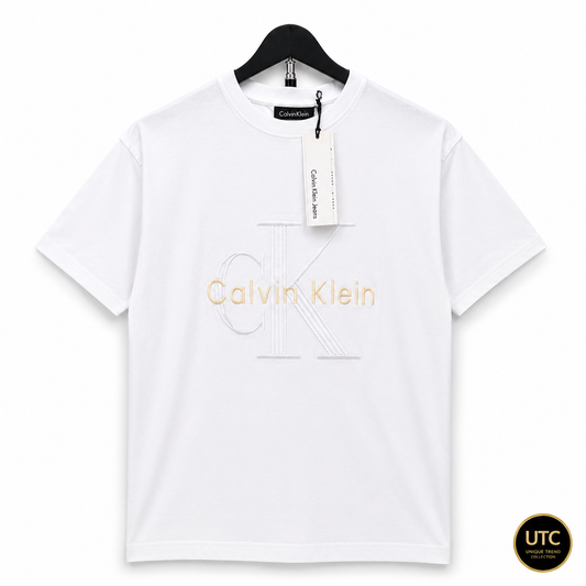 🤍 Calvin Klein Men's Premium Embossed Logo T-Shirt | White Cotton Crew Neck