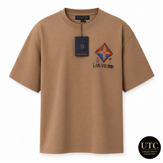 Louis Vuitton Men's Premium Cotton Short Sleeve T-Shirt | Luxury Casual Crew Neck | Camel Brown