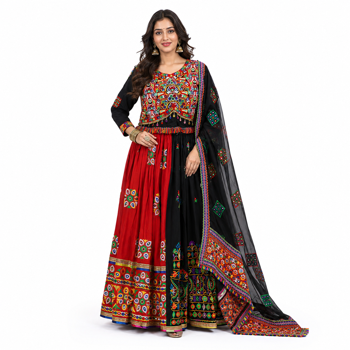 Women’s Red & Black Multicolour Navratri Garba Chaniya Choli Set – 3 Piece