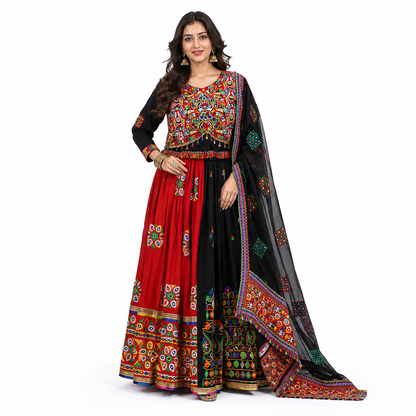 Women’s Red & Black Multicolour Navratri Garba Chaniya Choli Set – 3 Piece